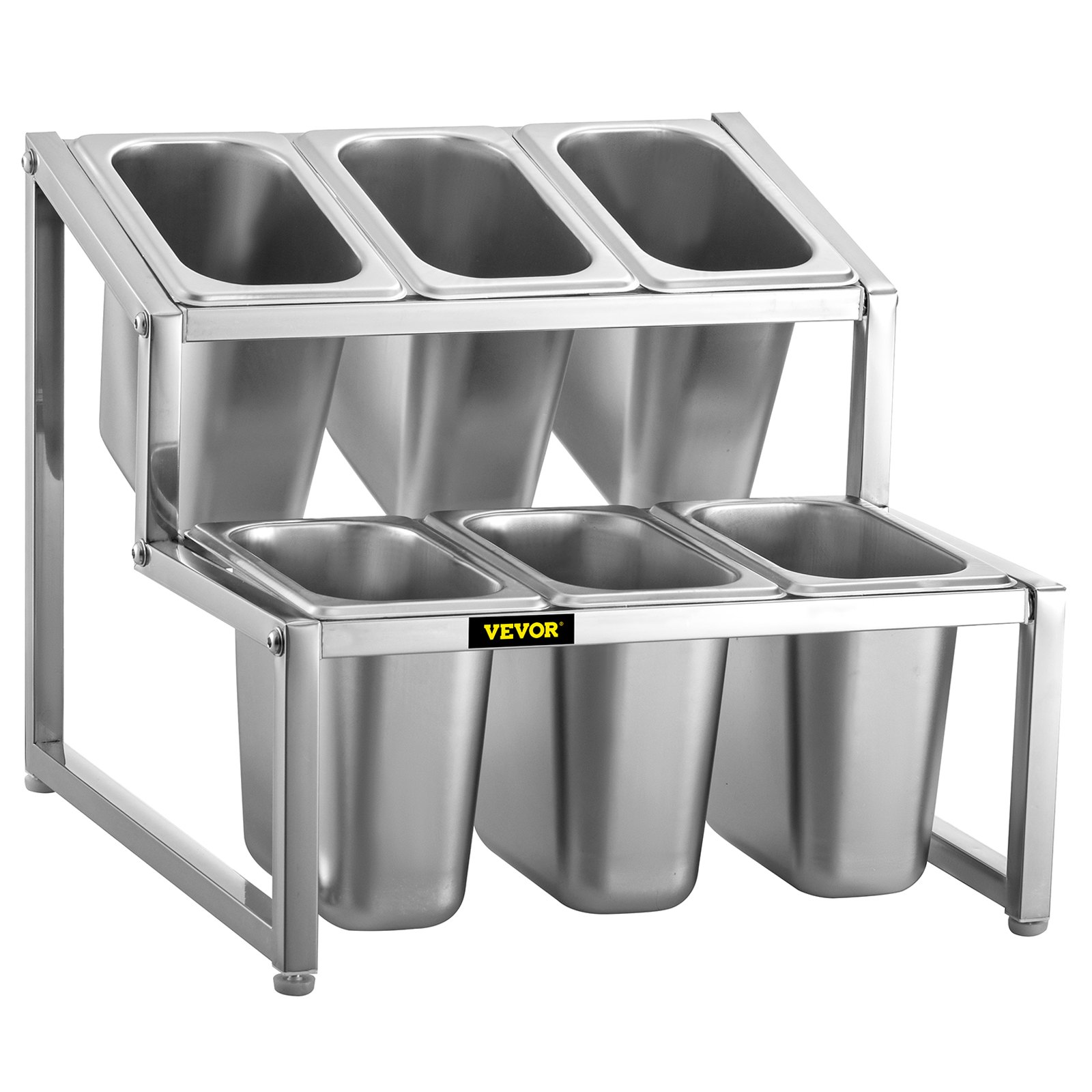 VEVOR Especiero extensible, 13.8"-23.6" ajustable, estante organizador de acero inoxidable de 2 niveles con 6 1/9 sartenes 6 cucharones, soporte inclinado para encimera para ingredientes de salsa, frutas, para uso en despensa de cocina