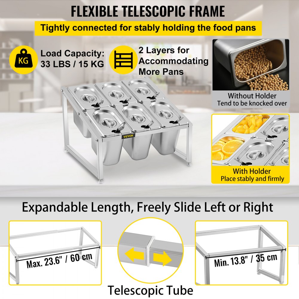 Estante para especias expandible VEVOR con marco telescópico flexible, sostiene seis cacerolas de manera estable.