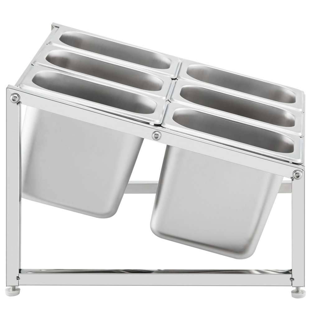 Estante para especias expandible VEVOR de acero inoxidable con seis compartimentos en disposición angular.