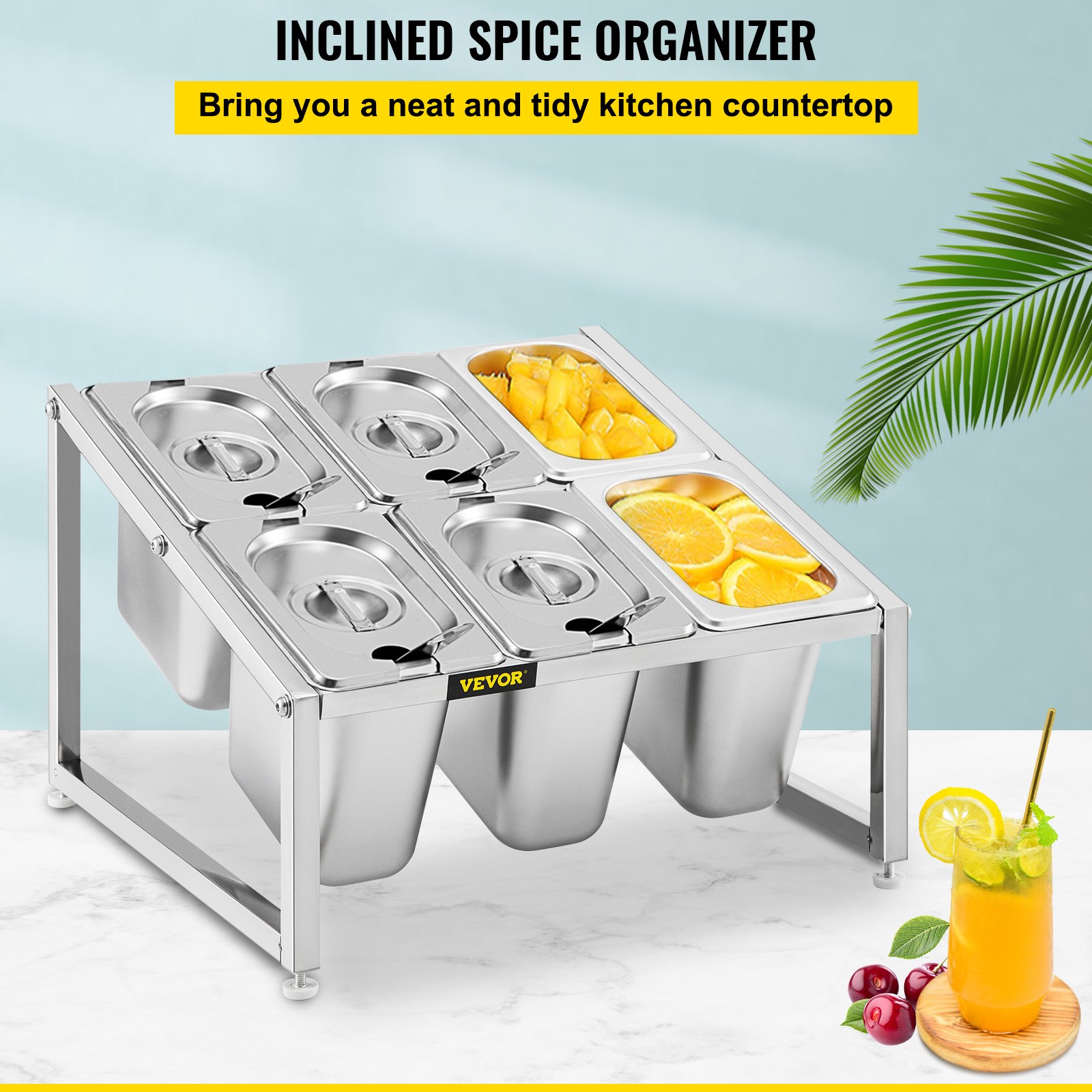 Estante de especias expandible VEVOR con compartimentos llenos de naranjas en rodajas y mangos cortados en cubitos.