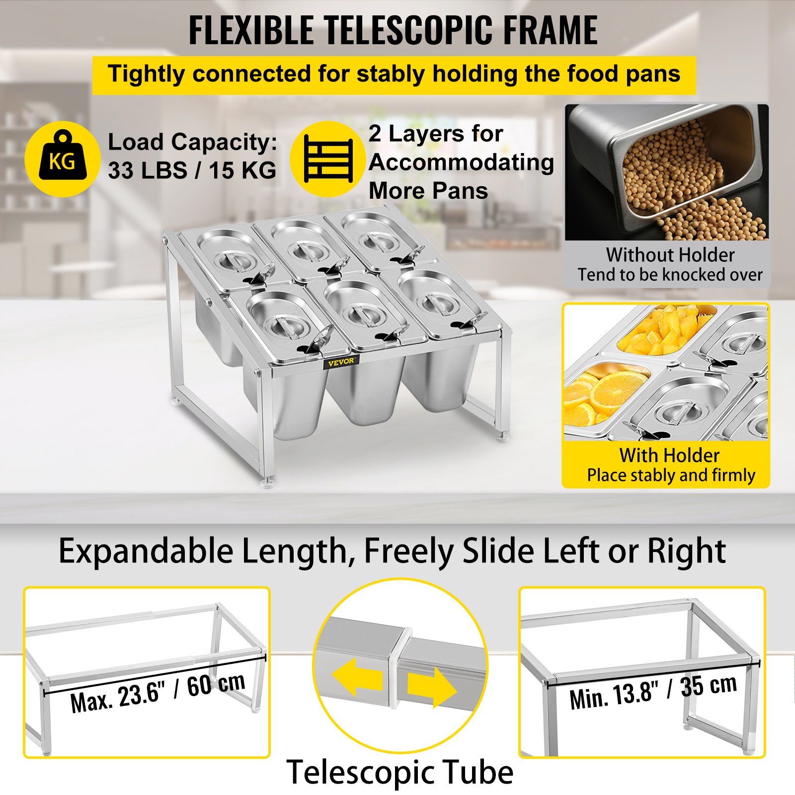 Estante para especias expandible VEVOR con marco telescópico flexible, sostiene seis cacerolas de manera estable.