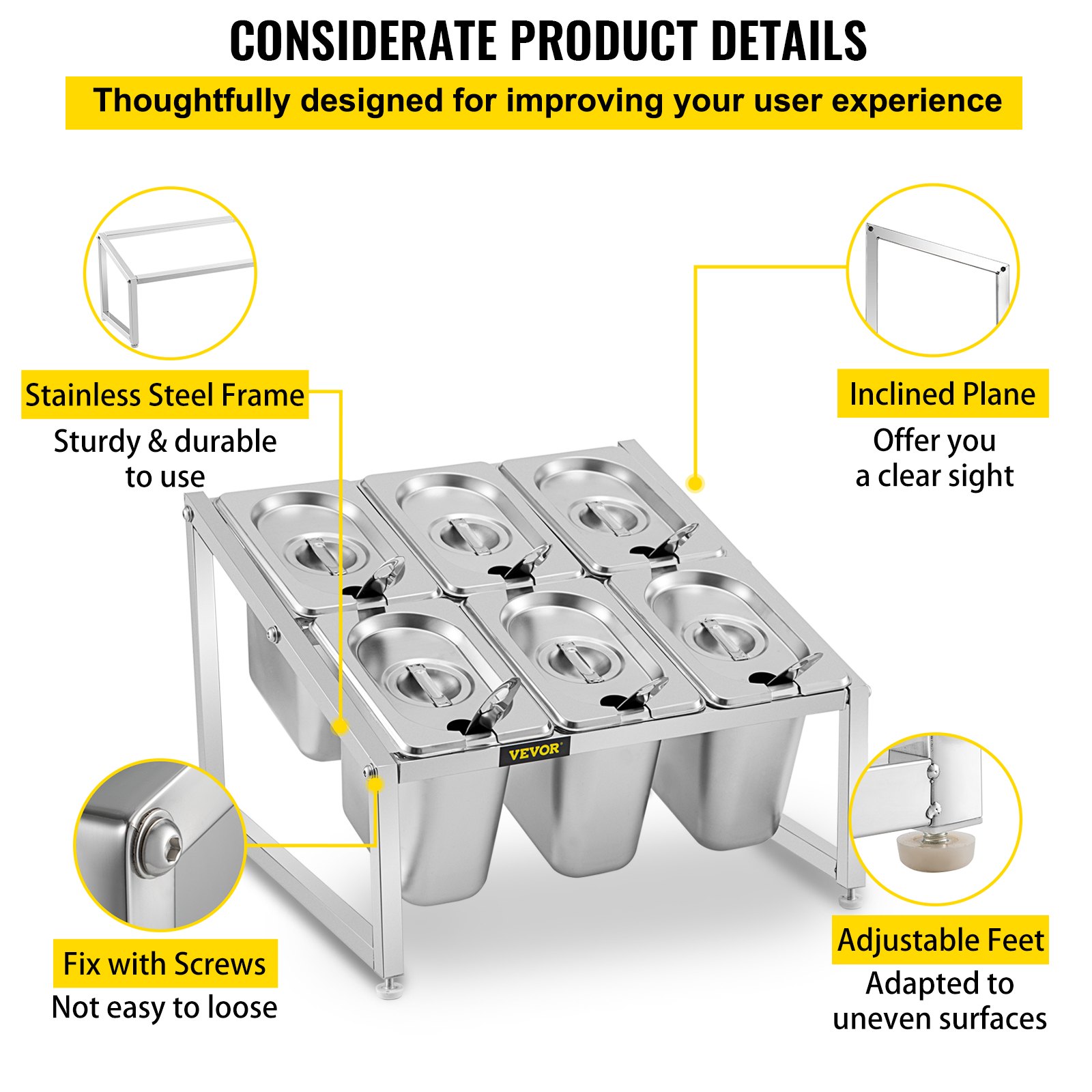 Especiero extensible VEVOR con estructura de acero inoxidable y patas ajustables.