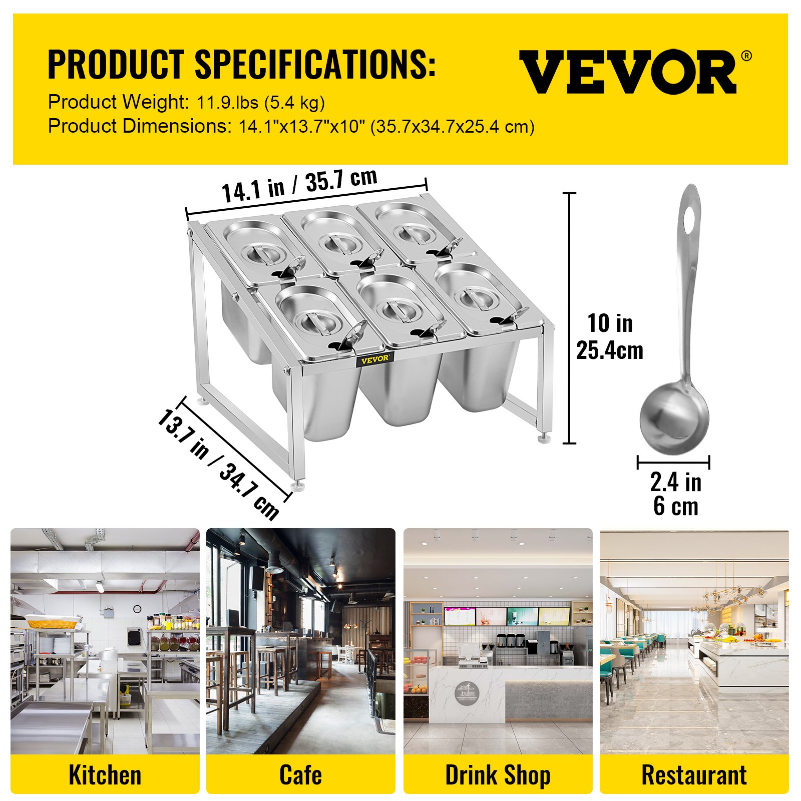 Dimensiones, peso y uso del especiero expandible VEVOR en cocina, cafetería, tienda de bebidas y restaurante.