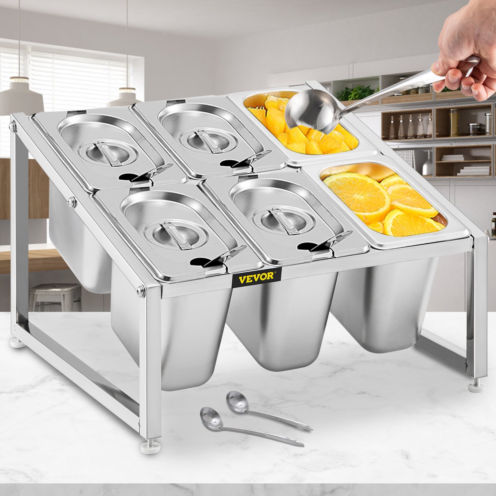 Estante de especias expandible VEVOR con contenedores de acero inoxidable para almacenamiento en la cocina.