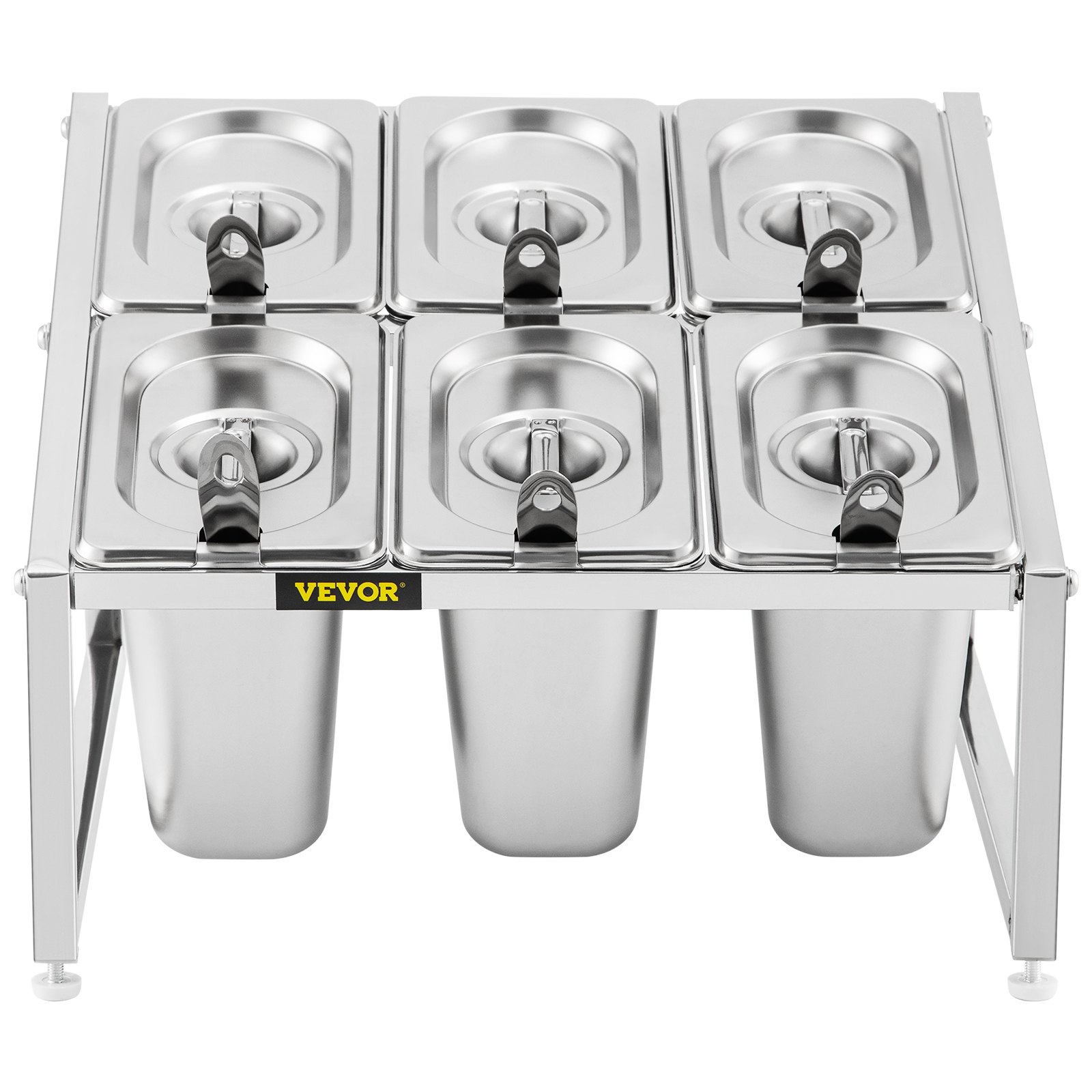 Estante de especias expandible VEVOR con seis recipientes y tapas de acero inoxidable.