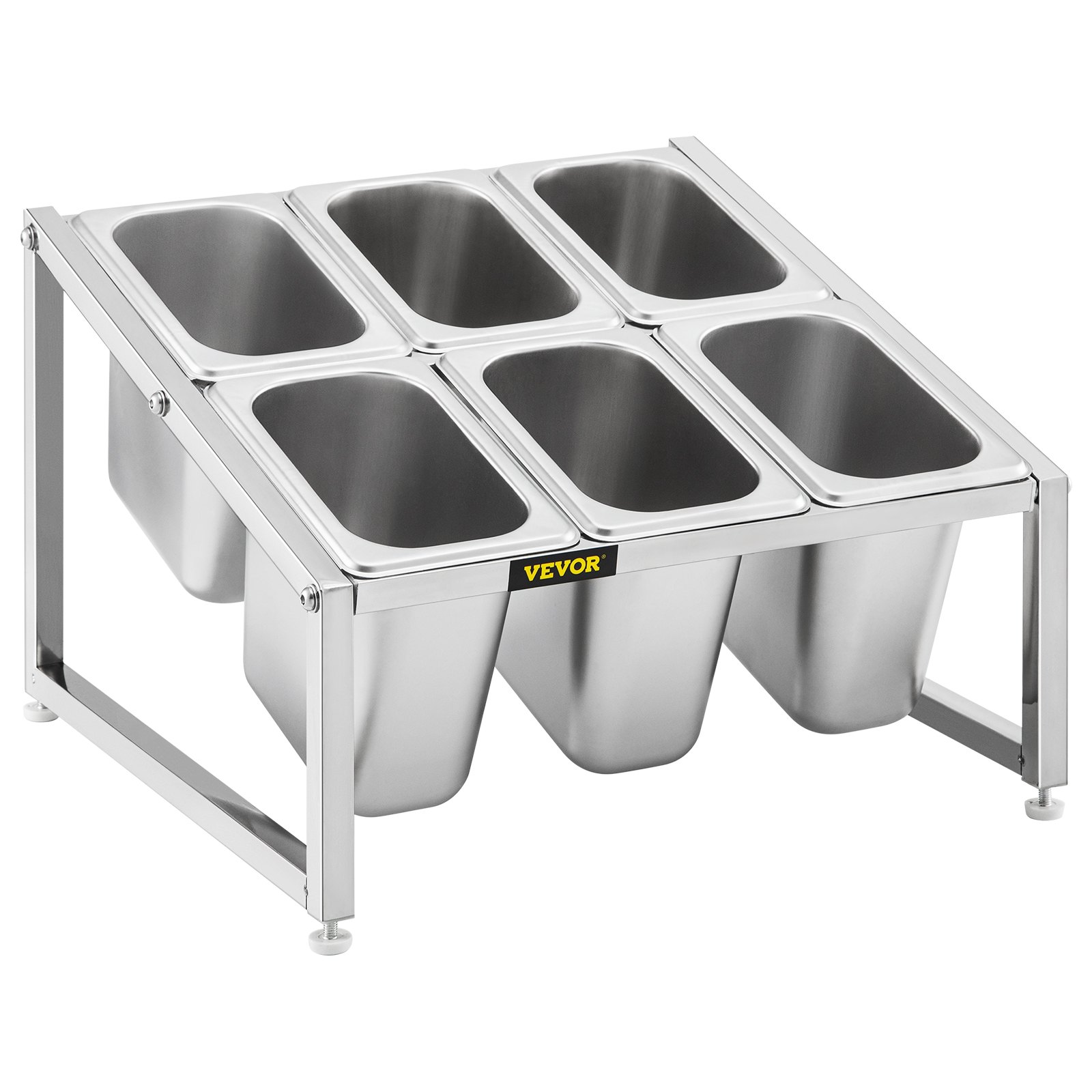 Estante para especias expandible VEVOR con contenedores de acero inoxidable sobre un marco de metal.