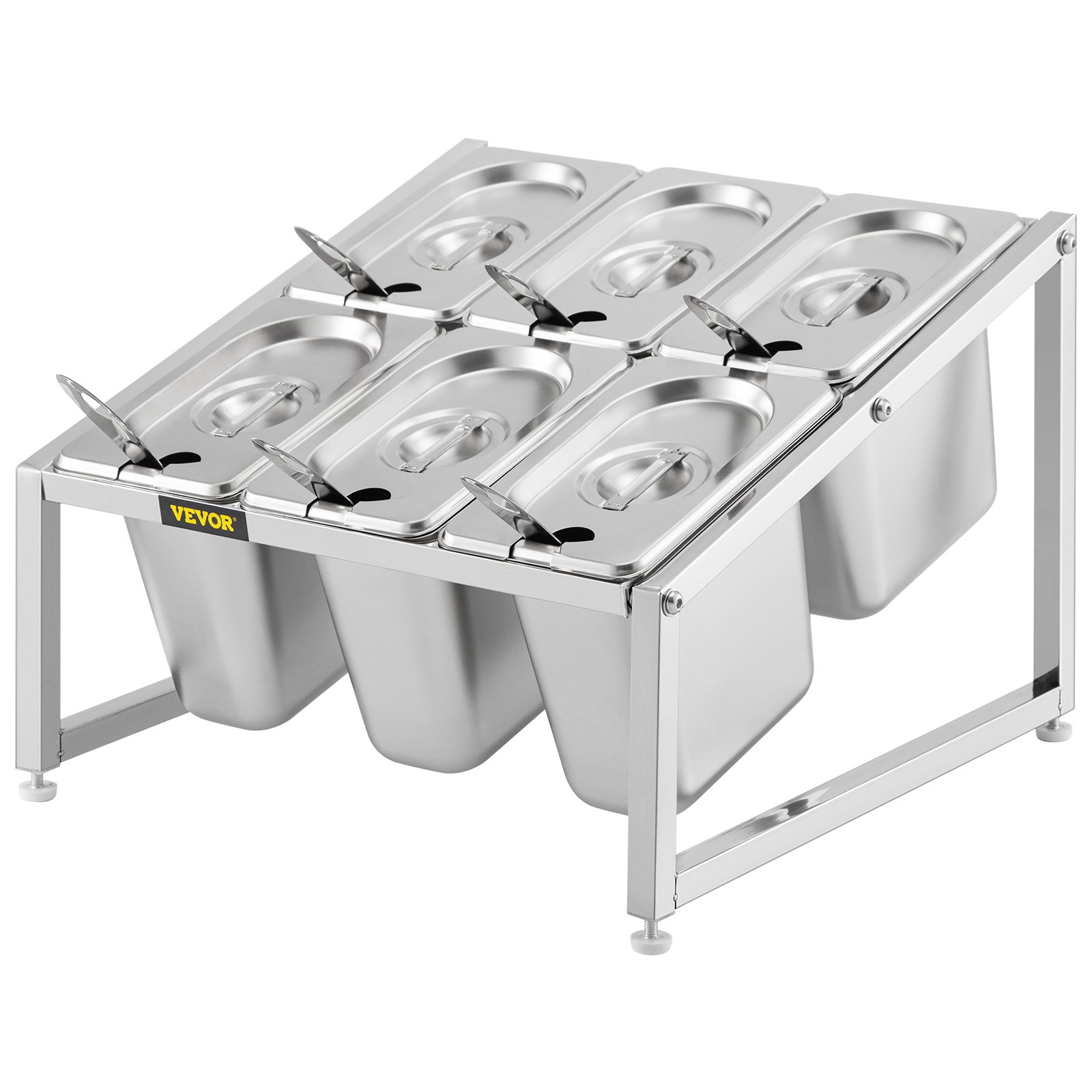 Estante de especias expandible VEVOR con seis recipientes y tapas de acero inoxidable.