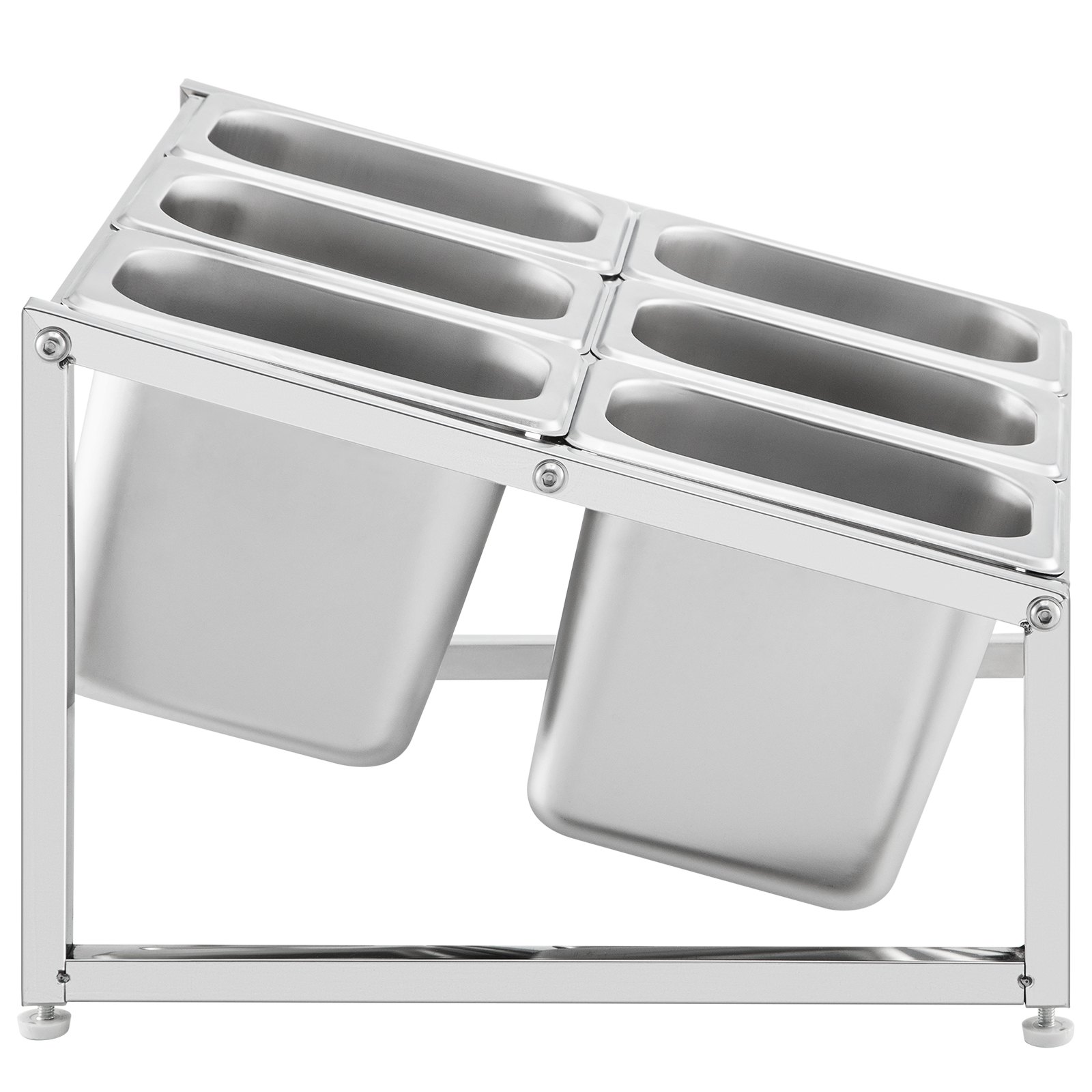 Estante para especias expandible VEVOR de acero inoxidable con seis compartimentos en disposición angular.