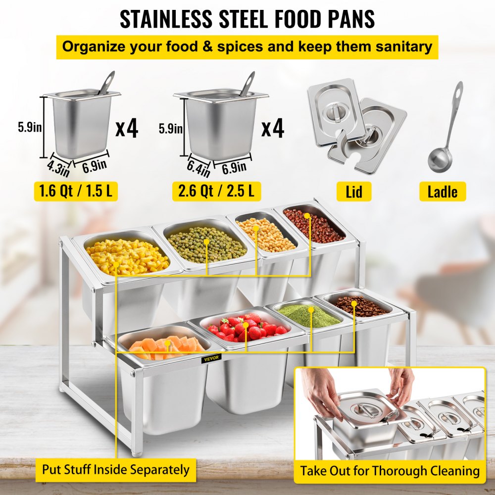 Bandejas de acero inoxidable para alimentos con verduras y tapas desmontables, organizadas sobre un soporte de encimera.