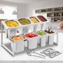 Estante de especias expandible VEVOR lleno de diversos frijoles, frutas y verduras en una cocina.