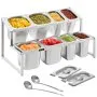 Especiero extensible VEVOR, ajustable de 35 a 60 cm, de acero inoxidable, de 2 niveles, con capacidad para 4 sartenes de 1/9, 4 sartenes de 1/6 y 8 cucharones. Soporte inclinado para salsas, ingredientes y frutas, ideal para cocina.