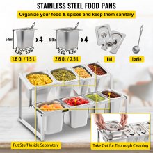 VEVOR Especiero extensible, 13.8"-23.6" ajustable, estante organizador de acero inoxidable de 2 niveles con 4 1/9 sartenes 4 1/6 sartenes 8 cucharones, soporte inclinado para encimera para ingredientes de salsa frutas, para uso en cocina
