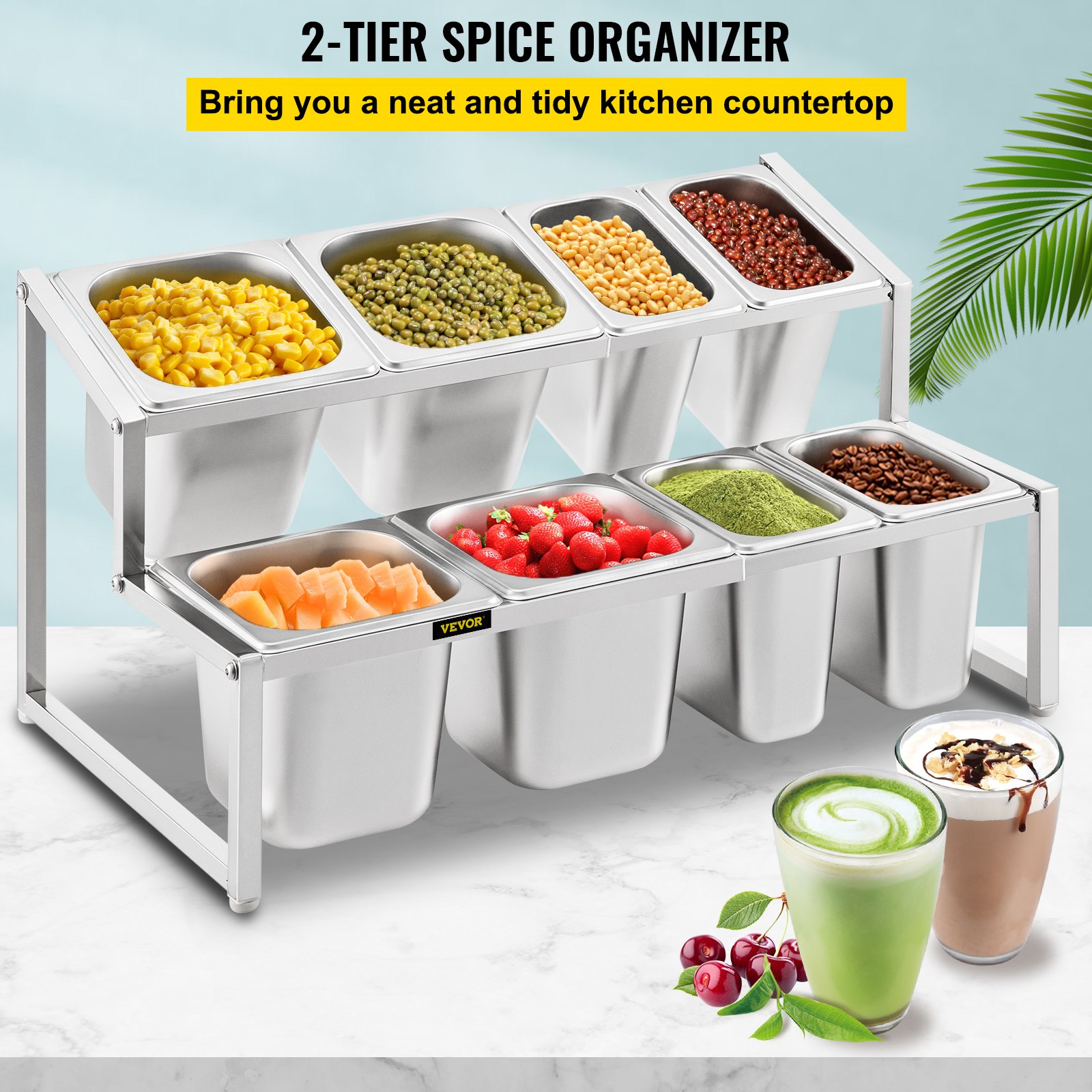 Estante de especias expandible VEVOR para encimera de cocina que contiene diversas especias e ingredientes.