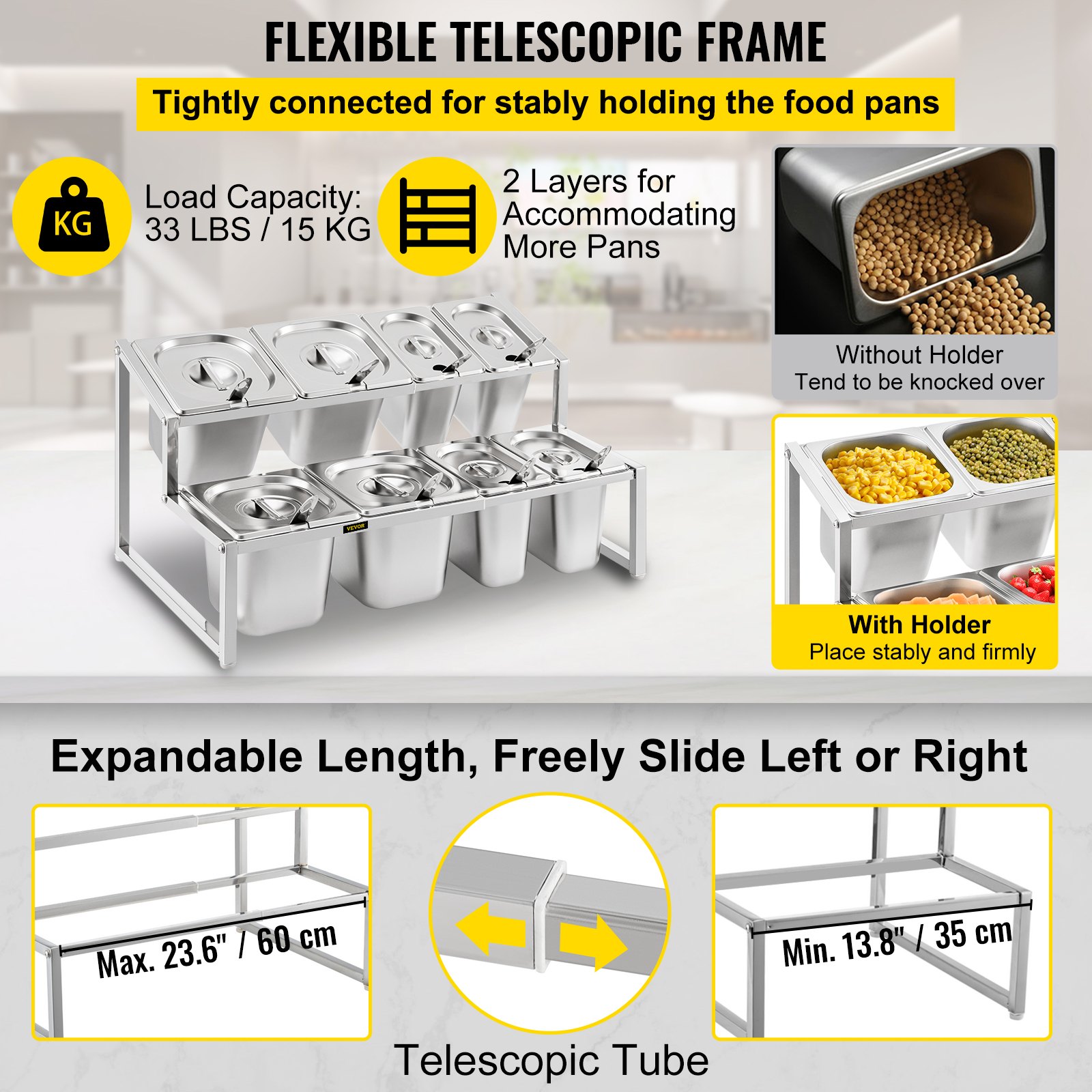 Estante para especias expandible VEVOR con marco telescópico flexible y dos capas para más recipientes.