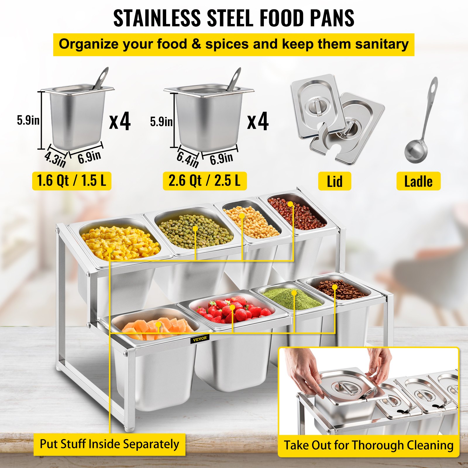 Bandejas de acero inoxidable para alimentos con verduras y tapas desmontables, organizadas sobre un soporte de encimera.