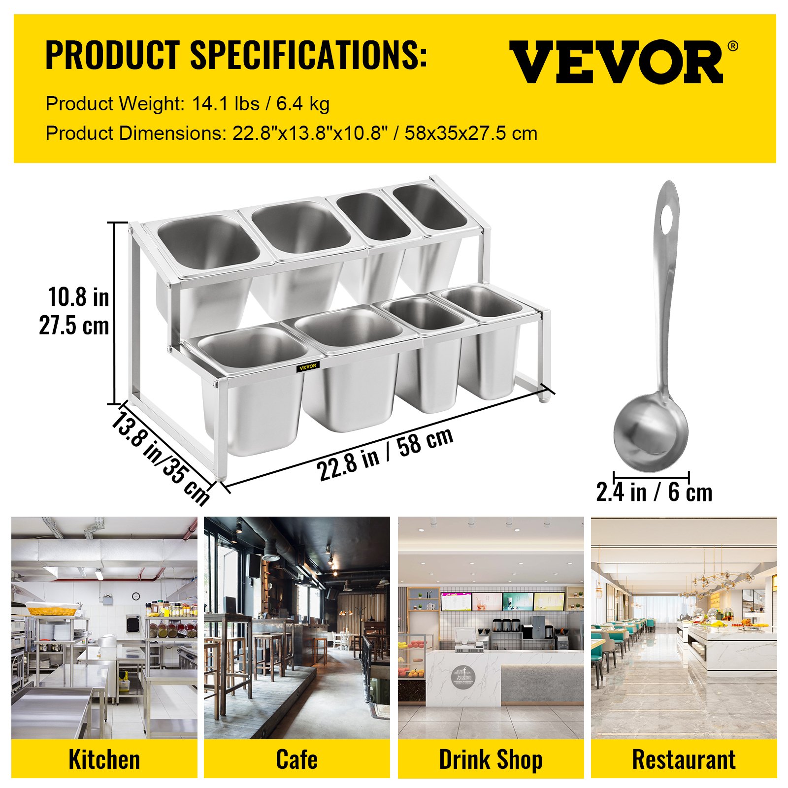 Dimensiones y usos del especiero expandible VEVOR en cocinas, cafeterías, tiendas de bebidas y restaurantes.