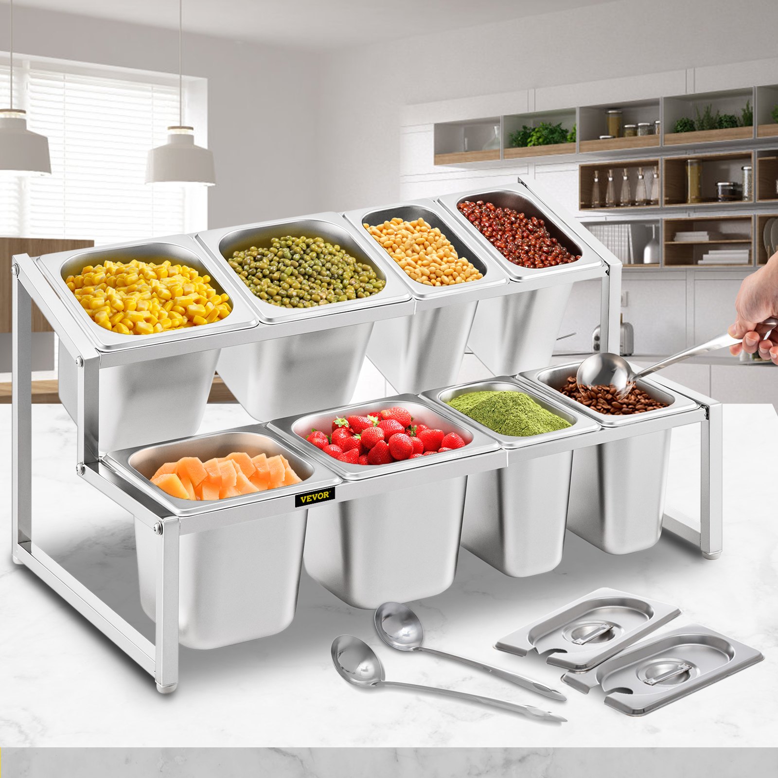 Estante de especias expandible VEVOR lleno de diversos frijoles, frutas y verduras en una cocina.