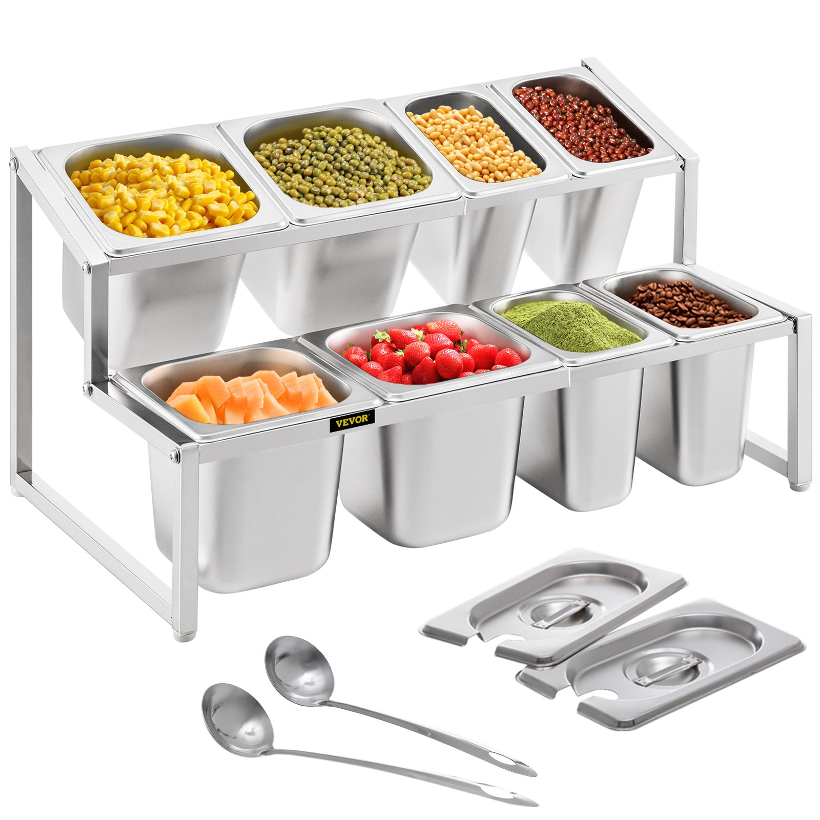 Estante de especias expandible VEVOR con diversas especias e ingredientes organizados en contenedores de metal.