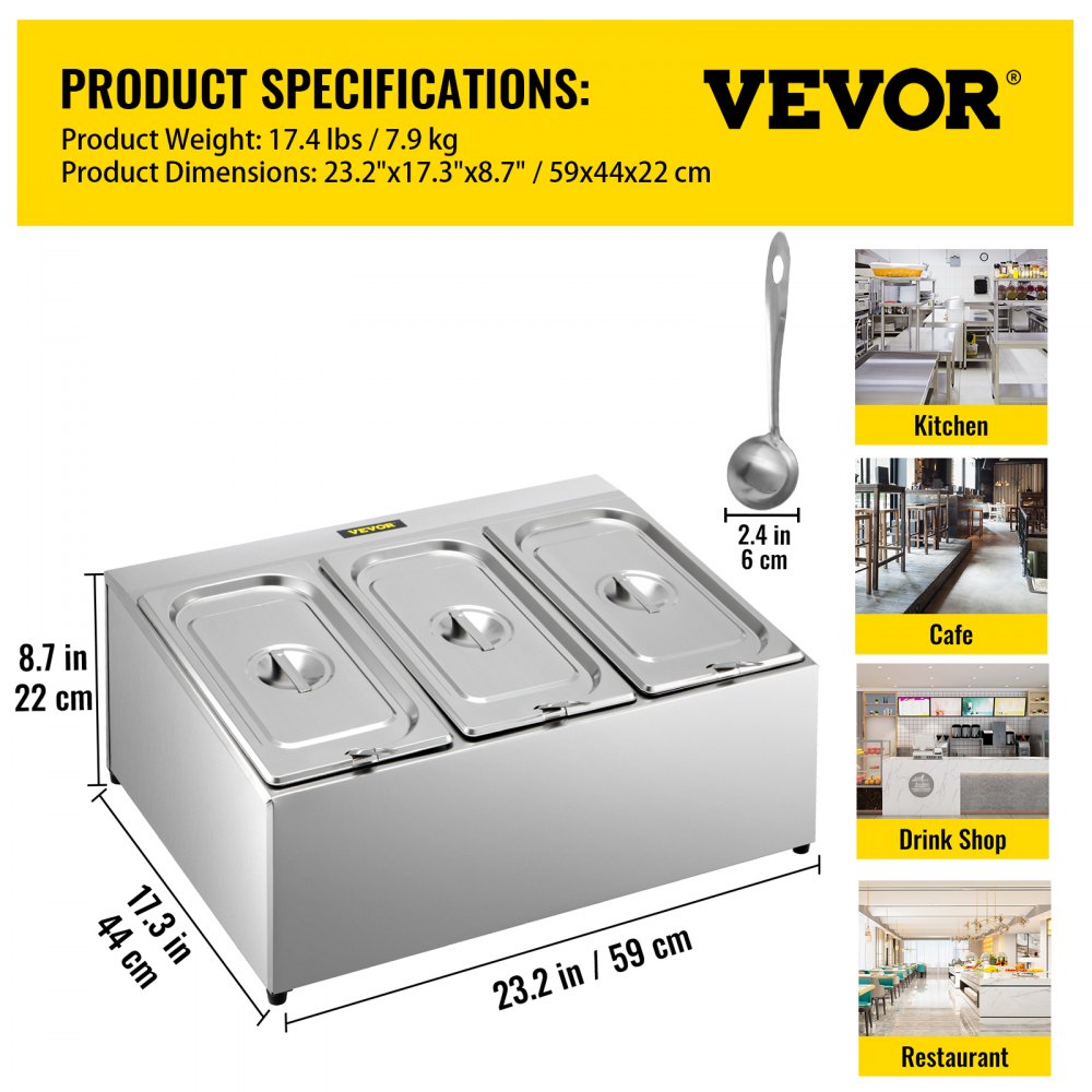 Estante para especias VEVOR, una fila, soporte organizador de acero inoxidable con tres sartenes de 1/3 y tres cucharones, soporte inclinado para encimera para condimentar salsa, mermelada, ingredientes de frutas, para uso en despensa de cocina