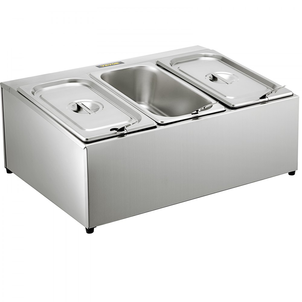 Estante para especias VEVOR, una fila, soporte organizador de acero inoxidable con tres sartenes de 1/3 y tres cucharones, soporte inclinado para encimera para condimentar salsa, mermelada, ingredientes de frutas, para uso en despensa de cocina