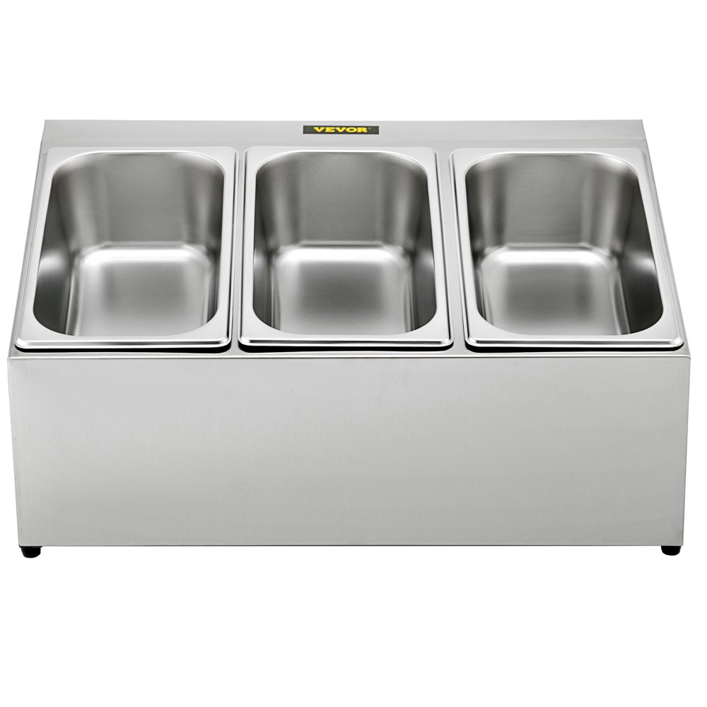 Estante para especias VEVOR, una fila, soporte organizador de acero inoxidable con tres sartenes de 1/3 y tres cucharones, soporte inclinado para encimera para condimentar salsa, mermelada, ingredientes de frutas, para uso en despensa de cocina