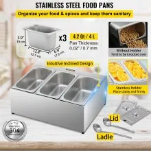 Estante para especias VEVOR, una fila, soporte organizador de acero inoxidable con tres sartenes de 1/3 y tres cucharones, soporte inclinado para encimera para condimentar salsa, mermelada, ingredientes de frutas, para uso en despensa de cocina