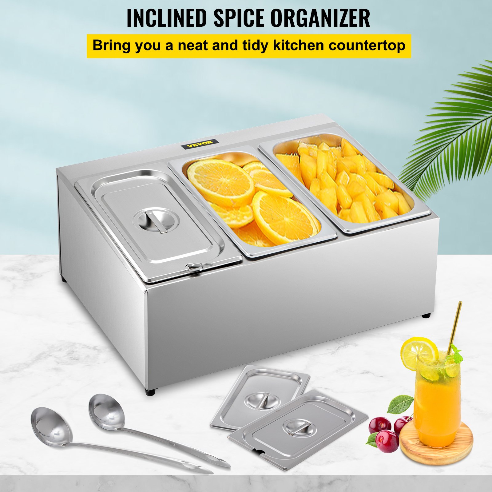 Estante para especias VEVOR, una fila, soporte organizador de acero inoxidable con tres sartenes de 1/3 y tres cucharones, soporte inclinado para encimera para condimentar salsa, mermelada, ingredientes de frutas, para uso en despensa de cocina