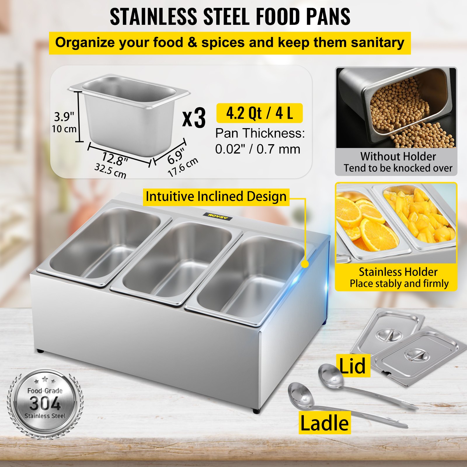 Estante para especias VEVOR, una fila, soporte organizador de acero inoxidable con tres sartenes de 1/3 y tres cucharones, soporte inclinado para encimera para condimentar salsa, mermelada, ingredientes de frutas, para uso en despensa de cocina