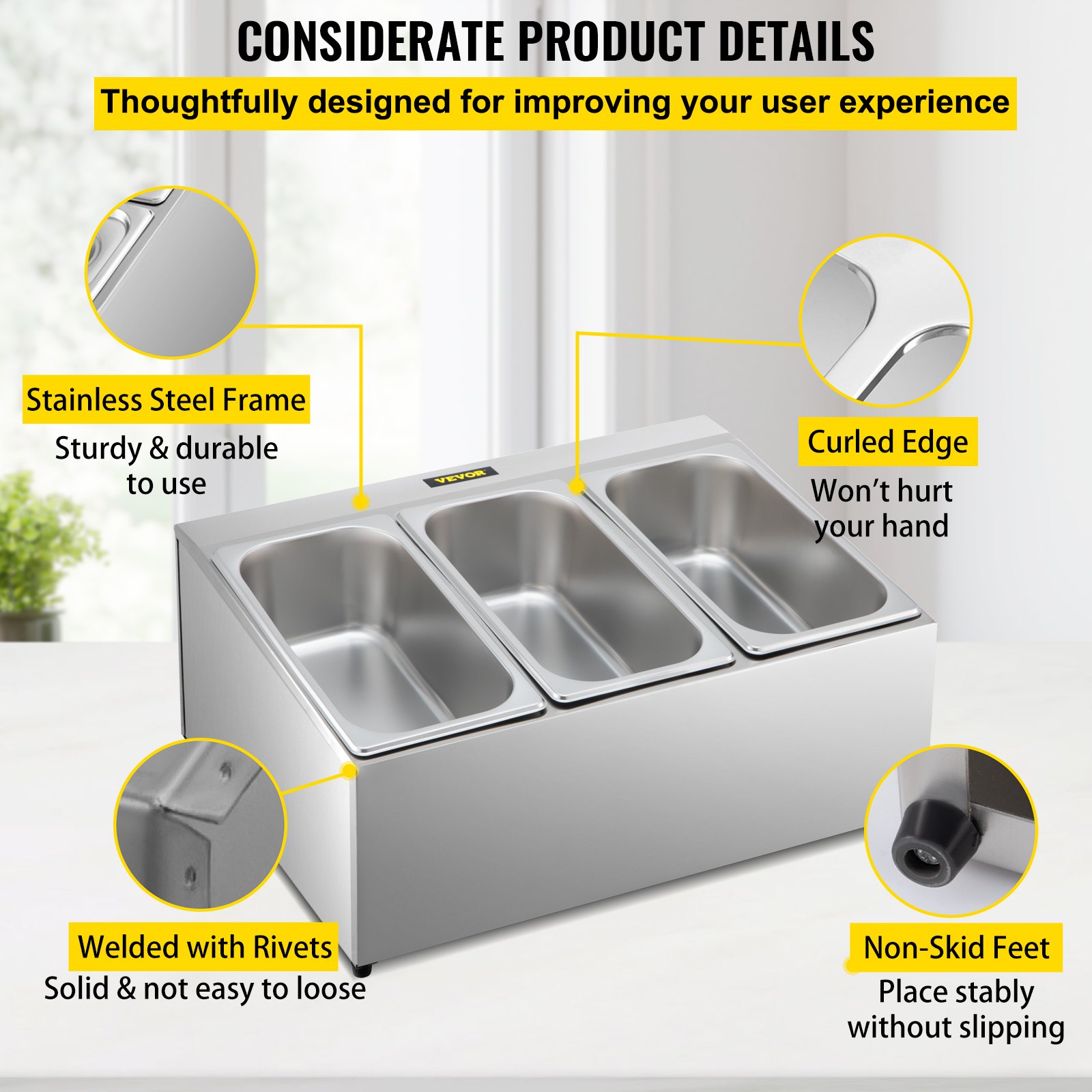 Estante para especias VEVOR, una fila, soporte organizador de acero inoxidable con tres sartenes de 1/3 y tres cucharones, soporte inclinado para encimera para condimentar salsa, mermelada, ingredientes de frutas, para uso en despensa de cocina