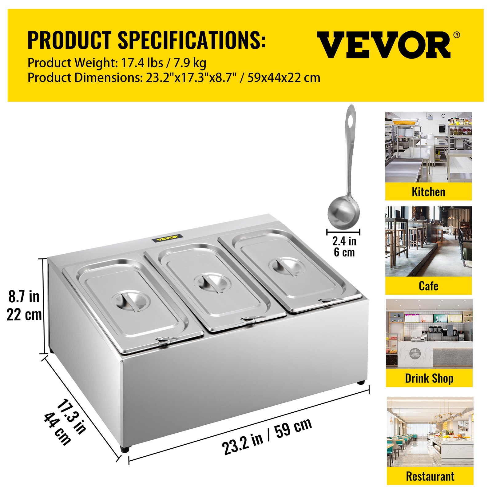 Estante para especias VEVOR, una fila, soporte organizador de acero inoxidable con tres sartenes de 1/3 y tres cucharones, soporte inclinado para encimera para condimentar salsa, mermelada, ingredientes de frutas, para uso en despensa de cocina