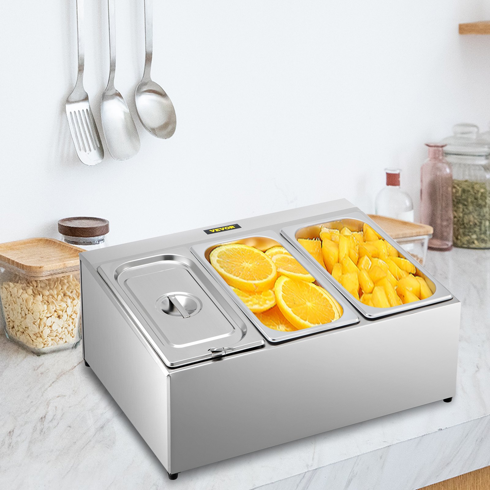 Estante para especias VEVOR, una fila, soporte organizador de acero inoxidable con tres sartenes de 1/3 y tres cucharones, soporte inclinado para encimera para condimentar salsa, mermelada, ingredientes de frutas, para uso en despensa de cocina