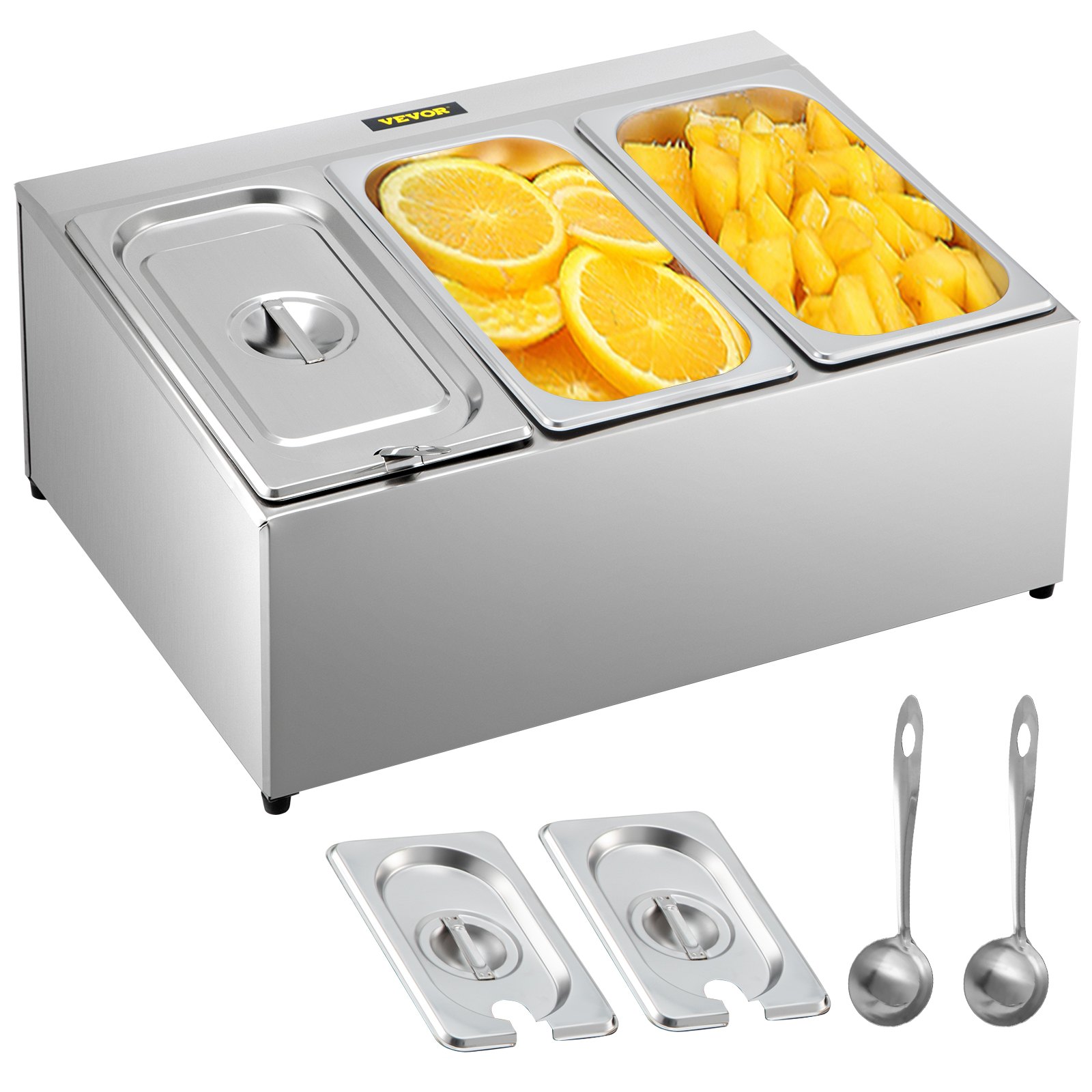 Estante para especias VEVOR, una fila, soporte organizador de acero inoxidable con tres sartenes de 1/3 y tres cucharones, soporte inclinado para encimera para condimentar salsa, mermelada, ingredientes de frutas, para uso en despensa de cocina