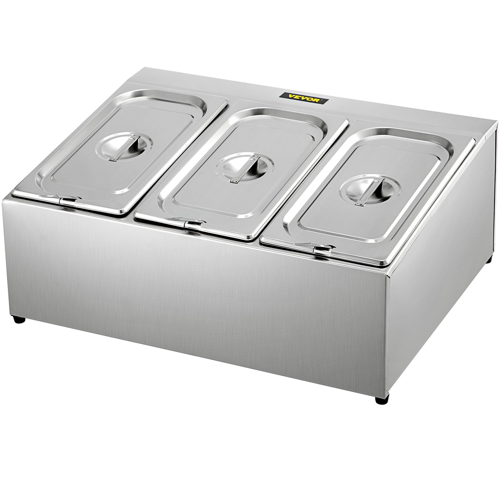 Estante para especias VEVOR, una fila, soporte organizador de acero inoxidable con tres sartenes de 1/3 y tres cucharones, soporte inclinado para encimera para condimentar salsa, mermelada, ingredientes de frutas, para uso en despensa de cocina