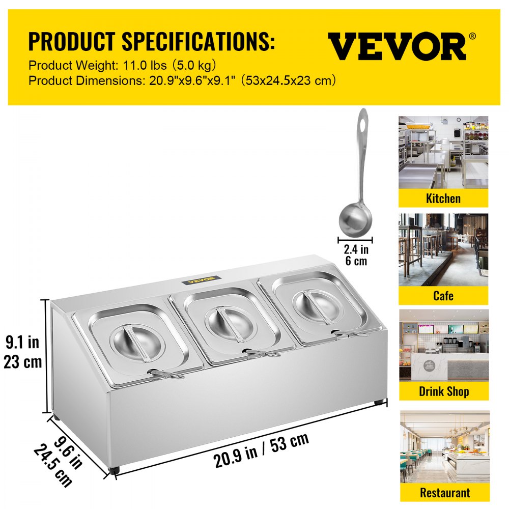 Estante para especias VEVOR, una fila, soporte organizador de acero inoxidable con tres sartenes de 1/6 y tres cucharones, soporte inclinado para encimera para condimentar salsa, mermelada, ingredientes de frutas, para uso en despensa de cocina