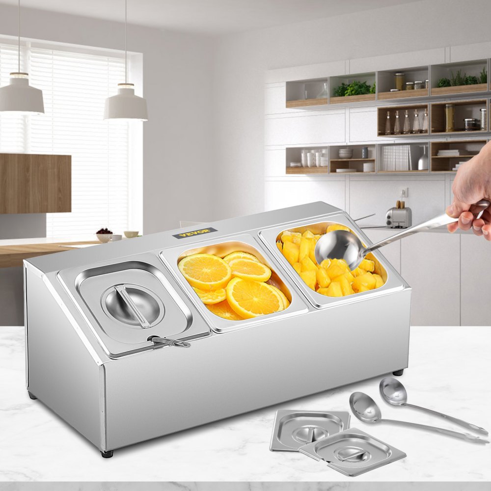 Estante para especias VEVOR, una fila, soporte organizador de acero inoxidable con tres sartenes de 1/6 y tres cucharones, soporte inclinado para encimera para condimentar salsa, mermelada, ingredientes de frutas, para uso en despensa de cocina