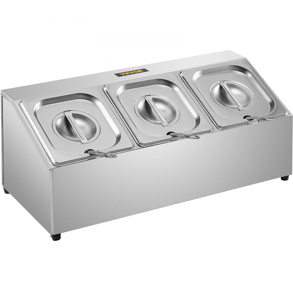 Estante para especias VEVOR, una fila, soporte organizador de acero inoxidable con tres sartenes de 1/6 y tres cucharones, soporte inclinado para encimera para condimentar salsa, mermelada, ingredientes de frutas, para uso en despensa de cocina