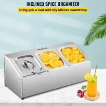 Estante para especias VEVOR, una fila, soporte organizador de acero inoxidable con tres sartenes de 1/6 y tres cucharones, soporte inclinado para encimera para condimentar salsa, mermelada, ingredientes de frutas, para uso en despensa de cocina