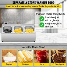Estante para especias VEVOR, una fila, soporte organizador de acero inoxidable con tres sartenes de 1/6 y tres cucharones, soporte inclinado para encimera para condimentar salsa, mermelada, ingredientes de frutas, para uso en despensa de cocina
