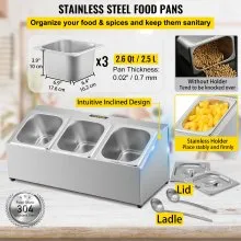 Estante para especias VEVOR, una fila, soporte organizador de acero inoxidable con tres sartenes de 1/6 y tres cucharones, soporte inclinado para encimera para condimentar salsa, mermelada, ingredientes de frutas, para uso en despensa de cocina