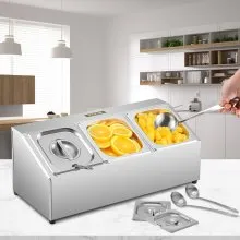 Estante para especias VEVOR, una fila, soporte organizador de acero inoxidable con tres sartenes de 1/6 y tres cucharones, soporte inclinado para encimera para condimentar salsa, mermelada, ingredientes de frutas, para uso en despensa de cocina