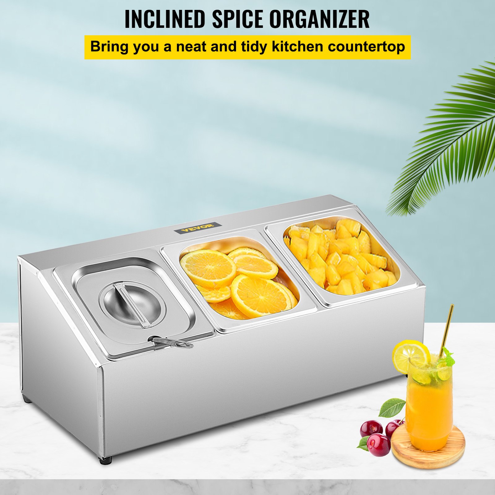 Estante para especias VEVOR, una fila, soporte organizador de acero inoxidable con tres sartenes de 1/6 y tres cucharones, soporte inclinado para encimera para condimentar salsa, mermelada, ingredientes de frutas, para uso en despensa de cocina