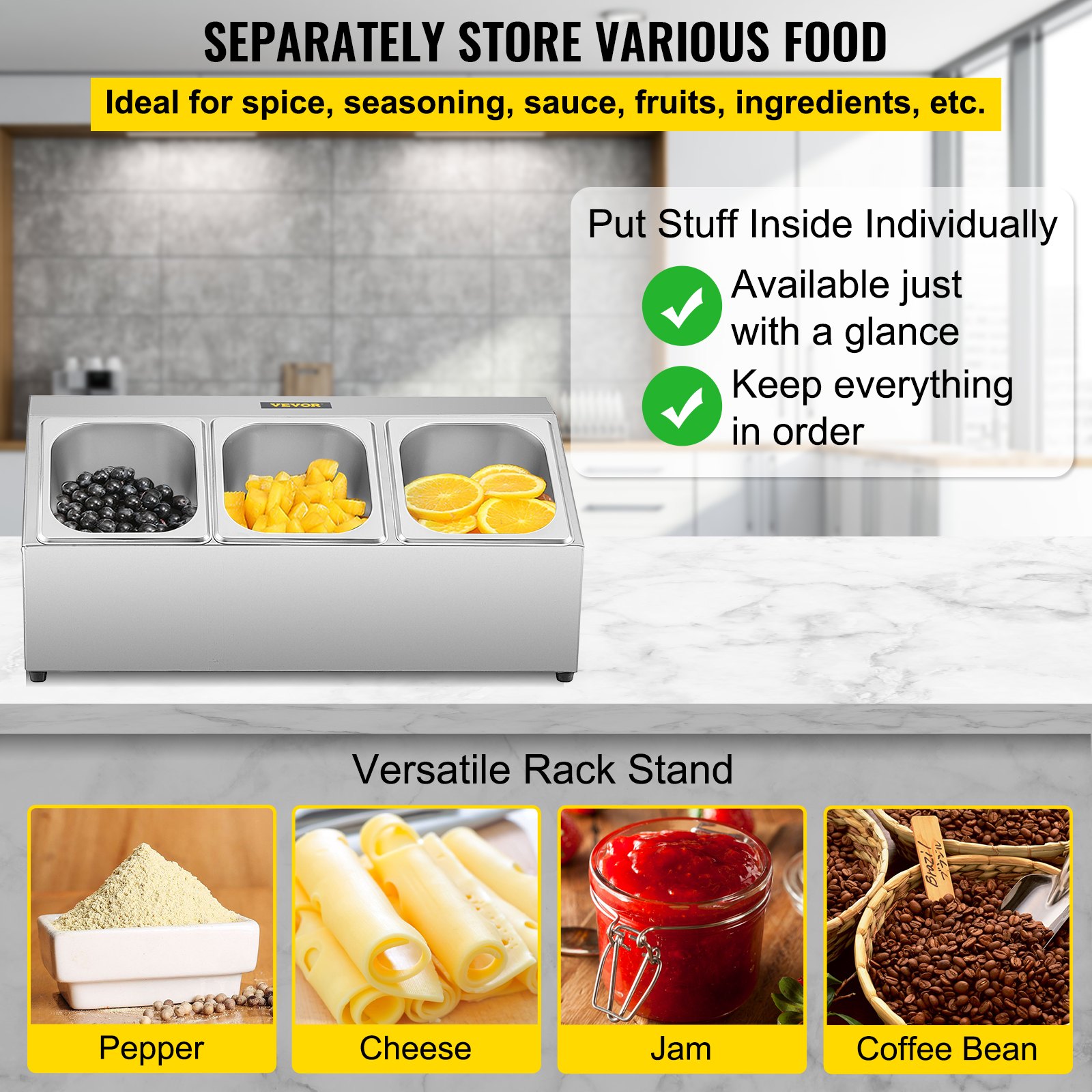 Estante para especias VEVOR, una fila, soporte organizador de acero inoxidable con tres sartenes de 1/6 y tres cucharones, soporte inclinado para encimera para condimentar salsa, mermelada, ingredientes de frutas, para uso en despensa de cocina