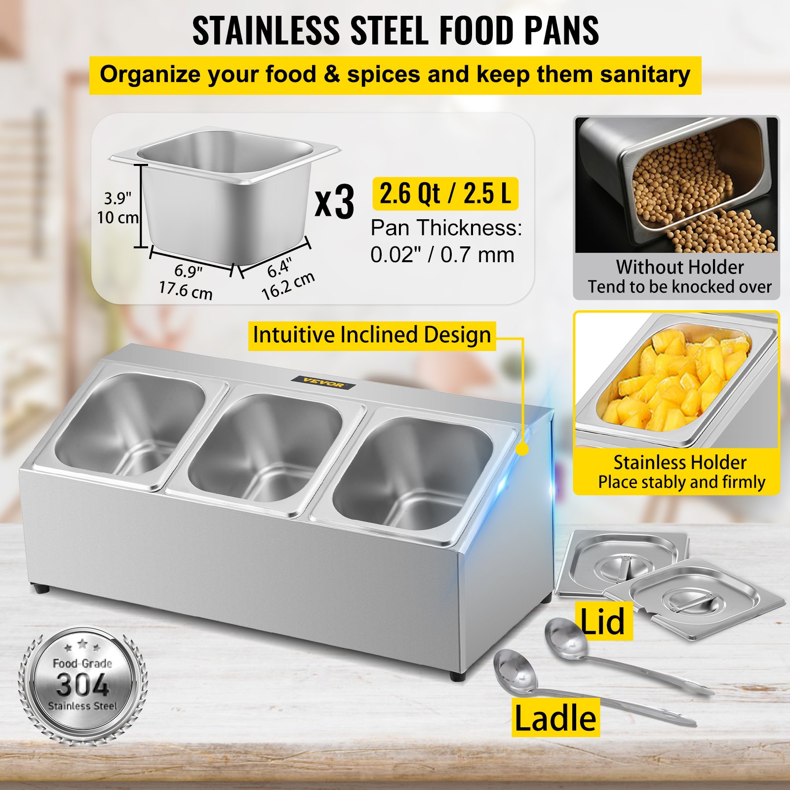 Estante para especias VEVOR, una fila, soporte organizador de acero inoxidable con tres sartenes de 1/6 y tres cucharones, soporte inclinado para encimera para condimentar salsa, mermelada, ingredientes de frutas, para uso en despensa de cocina