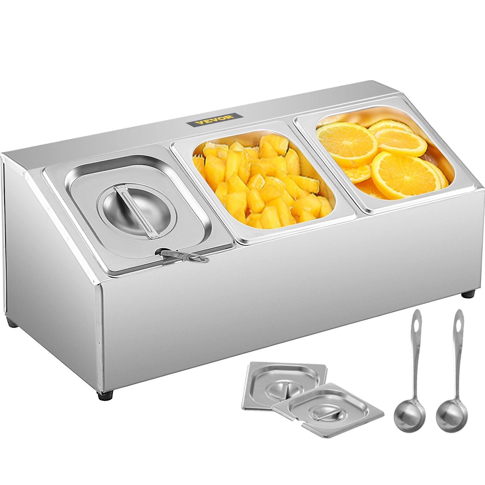 Estante para especias VEVOR, una fila, soporte organizador de acero inoxidable con tres sartenes de 1/6 y tres cucharones, soporte inclinado para encimera para condimentar salsa, mermelada, ingredientes de frutas, para uso en despensa de cocina