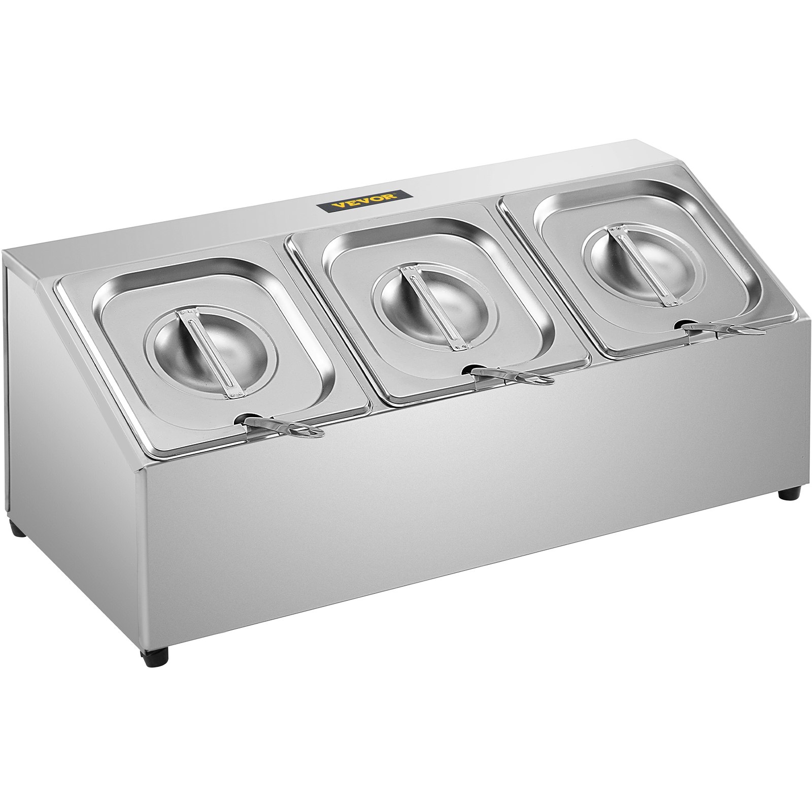 Estante para especias VEVOR, una fila, soporte organizador de acero inoxidable con tres sartenes de 1/6 y tres cucharones, soporte inclinado para encimera para condimentar salsa, mermelada, ingredientes de frutas, para uso en despensa de cocina