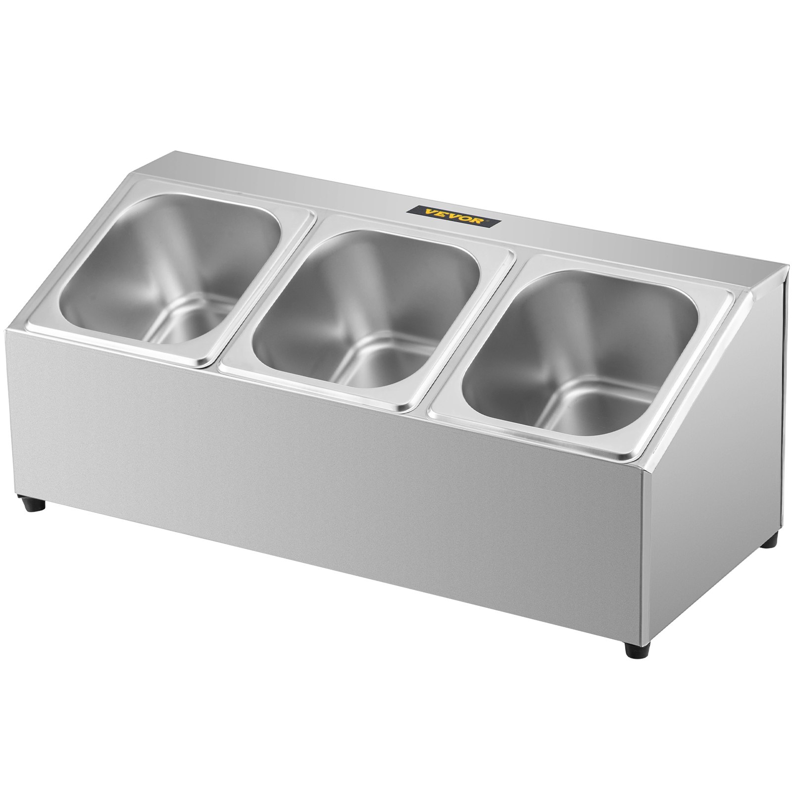 Estante para especias VEVOR, una fila, soporte organizador de acero inoxidable con tres sartenes de 1/6 y tres cucharones, soporte inclinado para encimera para condimentar salsa, mermelada, ingredientes de frutas, para uso en despensa de cocina
