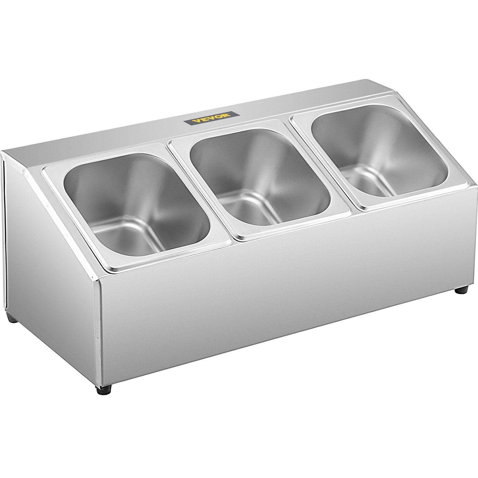 Estante para especias VEVOR, una fila, soporte organizador de acero inoxidable con tres sartenes de 1/6 y tres cucharones, soporte inclinado para encimera para condimentar salsa, mermelada, ingredientes de frutas, para uso en despensa de cocina