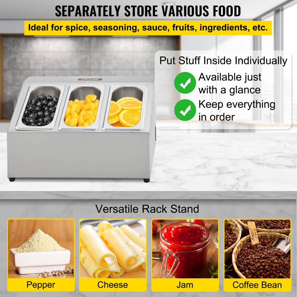 Estante para especias VEVOR, una fila, soporte organizador de acero inoxidable con tres sartenes de 1/9 y tres cucharones, soporte inclinado para encimera para condimentar salsa, mermelada, ingredientes de frutas, para uso en despensa de cocina