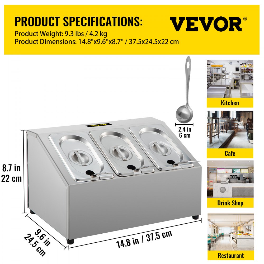 Estante para especias VEVOR, una fila, soporte organizador de acero inoxidable con tres sartenes de 1/9 y tres cucharones, soporte inclinado para encimera para condimentar salsa, mermelada, ingredientes de frutas, para uso en despensa de cocina