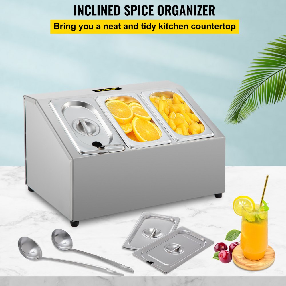 Estante para especias VEVOR, de una fila, organizador de acero inoxidable con tres sartenes de 1/9 y tres cucharones, soporte inclinado para condimentos, salsas, mermeladas, frutas e ingredientes, para usar en la despensa de la cocina.